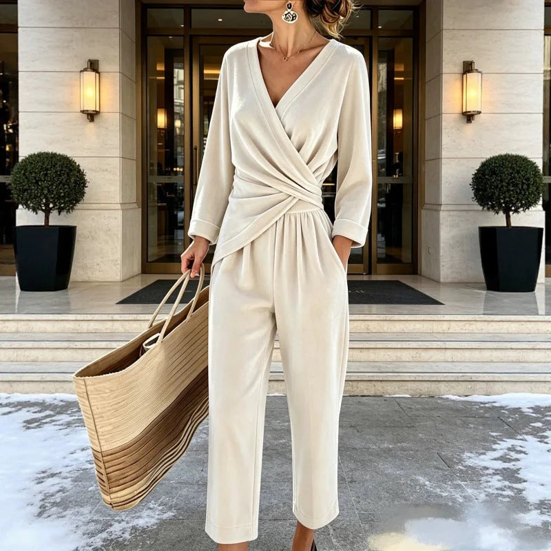 White Women's Velvet Jumpsuit with Wrap Top & Tailored Draping - Front Full Studio Snow