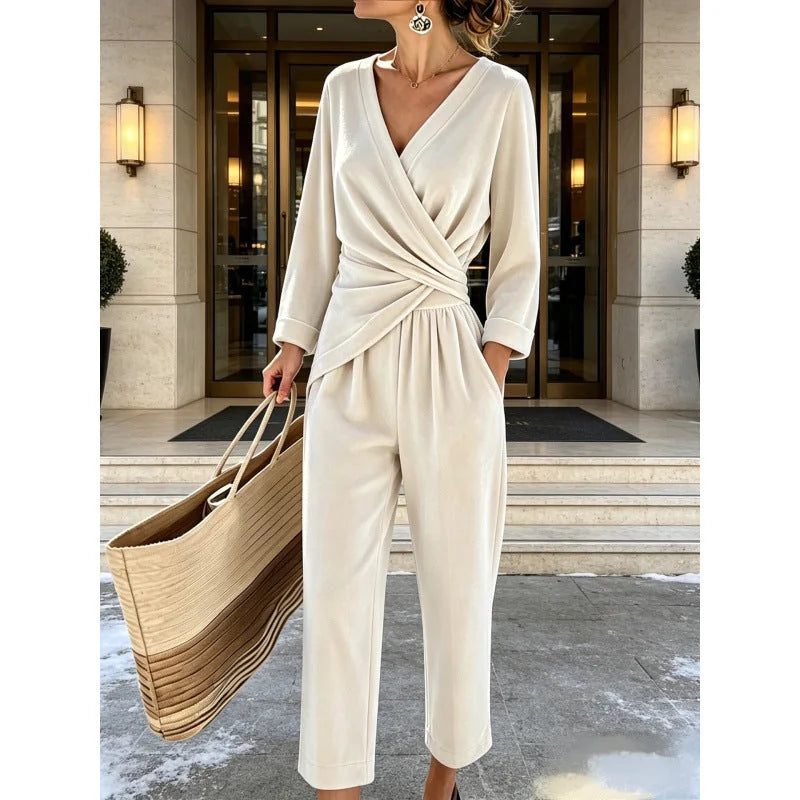 Women's Velvet Jumpsuit with Wrap Top & Tailored Draping