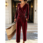 Wine Red Women's Velvet Jumpsuit with Wrap Top & Tailored Draping - Front Full