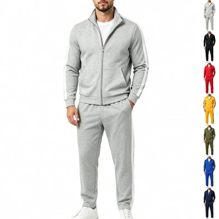 Light Gray Men's Tracksuit Set with Zip-Front Jacket & Contrast Stripes - Front Full
